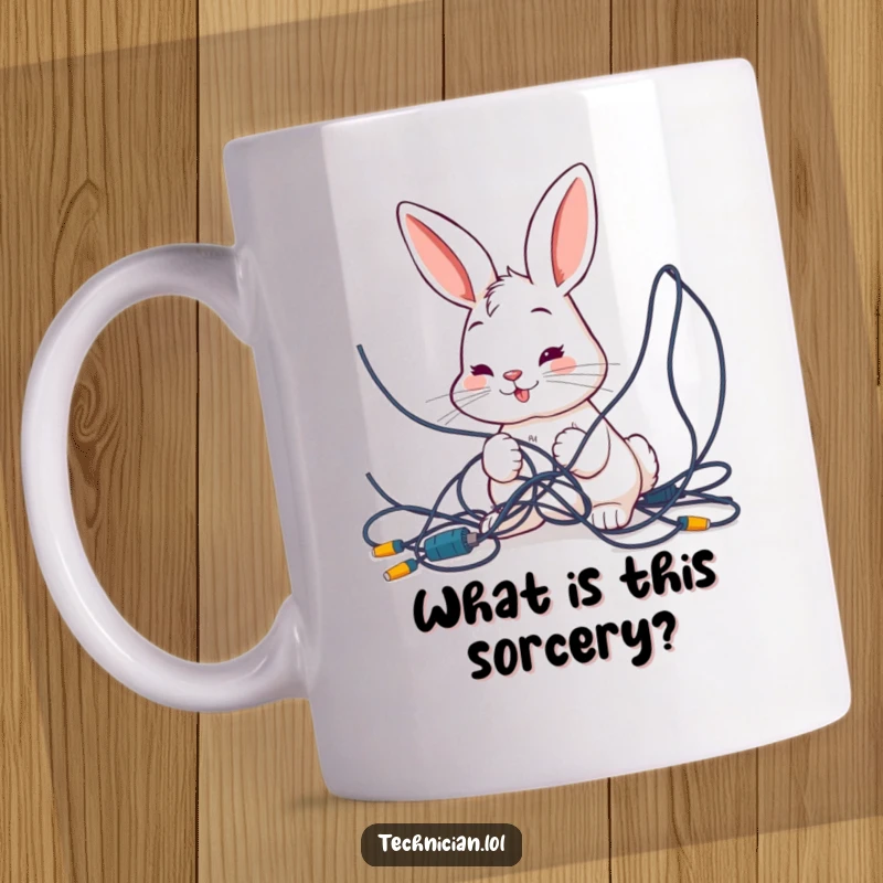 Funny mug showing a smiling bunny intently examining a hopelessly tangled mess of wires, representing relatable tech confusion and problem-solving.