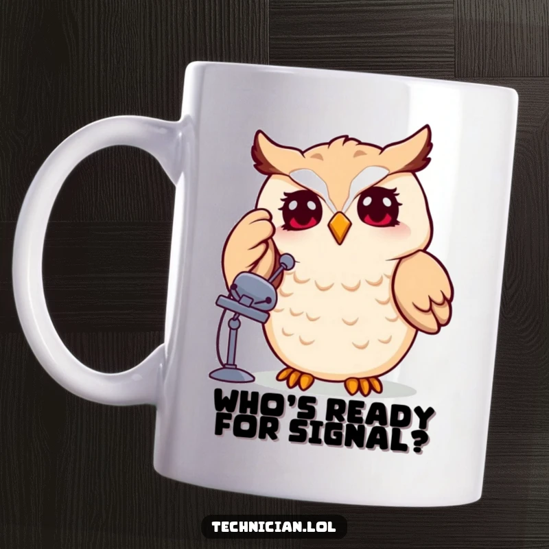 Funny owl adjusting a tiny satellite dish with a smile, symbolizing communication and intelligence, perfect for a tech-themed funny gift.