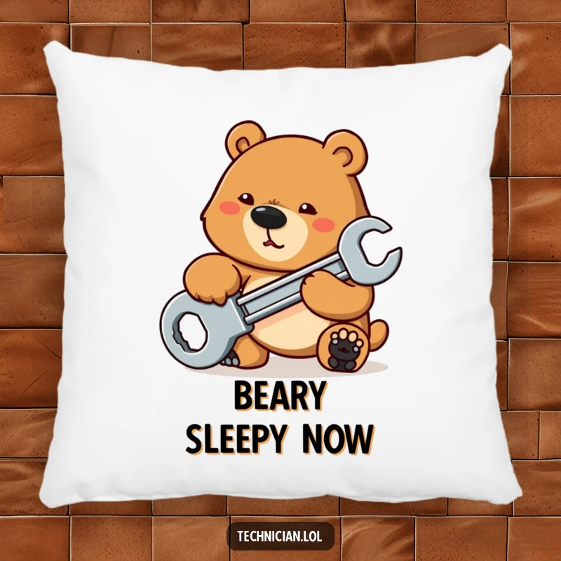 Funny Pillows: A determined bear tightens a bolt with a large wrench, offering rugged comfort and humorous mechanical vibes as a cozy accent pillow.