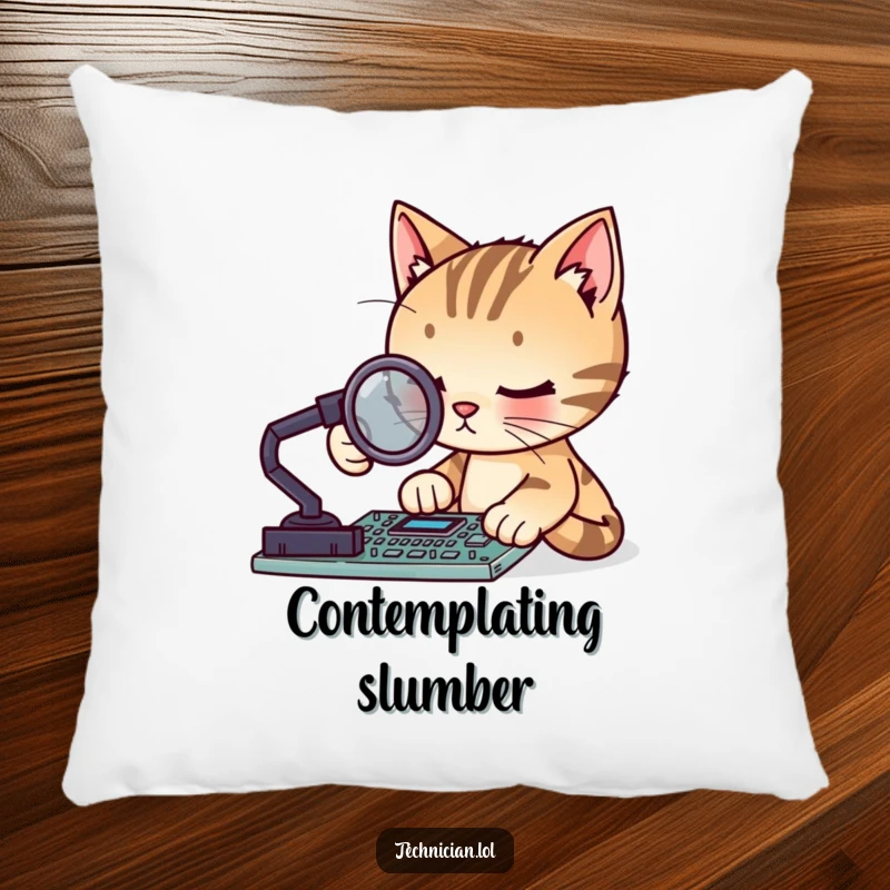 Funny focused cat with a magnifying glass examining a circuit board, featured on a soft pillow, great funny gift.