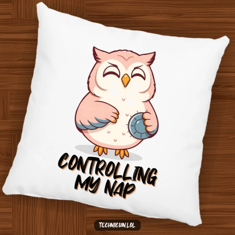 Funny pillow featuring a content owl smiling while adjusting a dial on a control panel, offering comfort and wise amusement.
