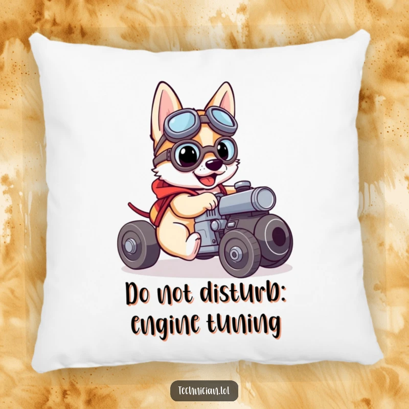 Funny pillow featuring a brave dog wearing goggles, actively working on a small engine, adding humor to any room.