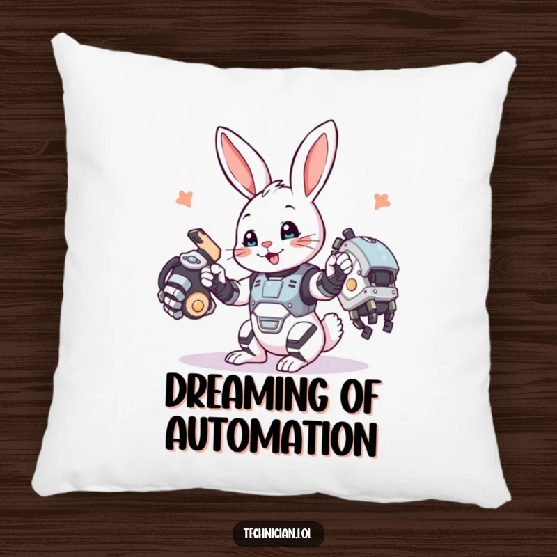 Funny bunny pillow, a playful bunny assembling a robotic arm, making a cute and cuddly accent.