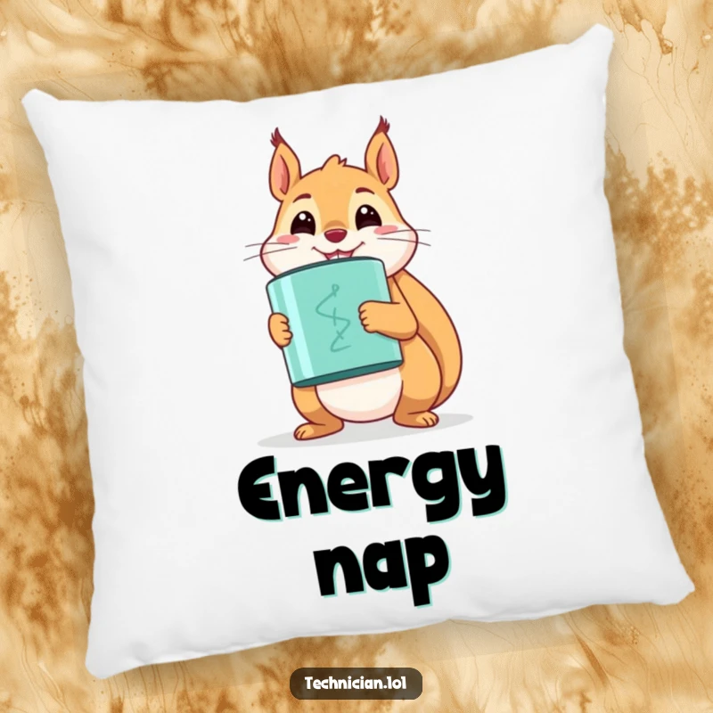 Funny happy squirrel with a proud smile, holding a large capacitor, designed on a plush pillow.