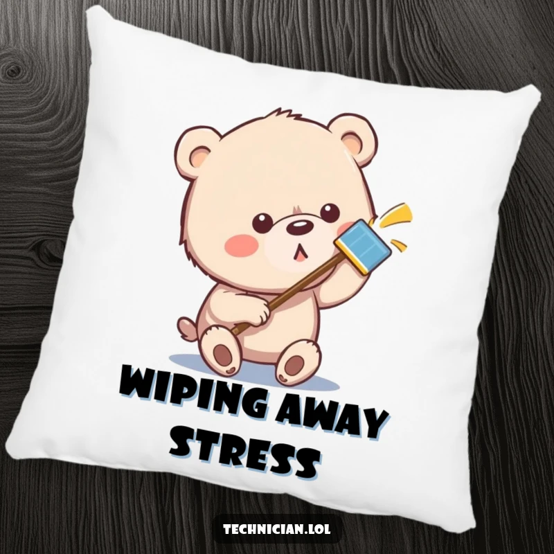 Funny bear pillow showing a determined brown bear meticulously polishing a metallic surface until it gleams, emphasizing cleanliness.