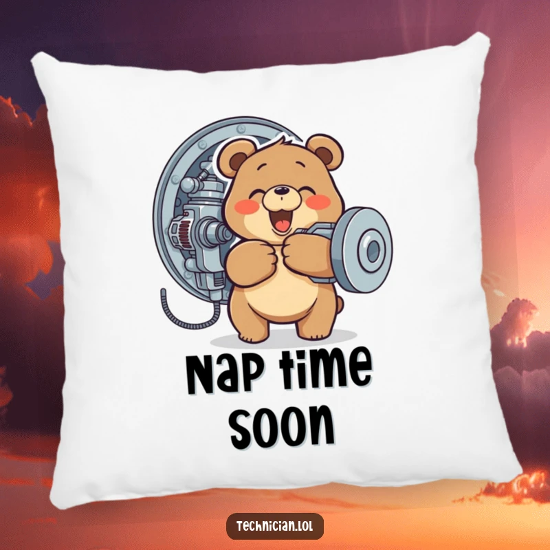 Funny pillow featuring a happy bear tightening a screw on a complex machine, adding humor to any room.