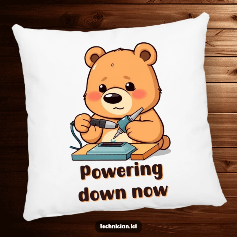 Funny Bear Pillow featuring a proud bear intensely concentrating on soldering, designed for comfort and a dose of creative humor.