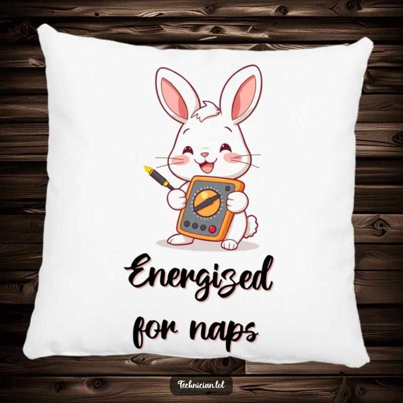 Funny bunny resting with a multimeter, soft and cozy pillow, electrical engineering humor, excellent funny gift.