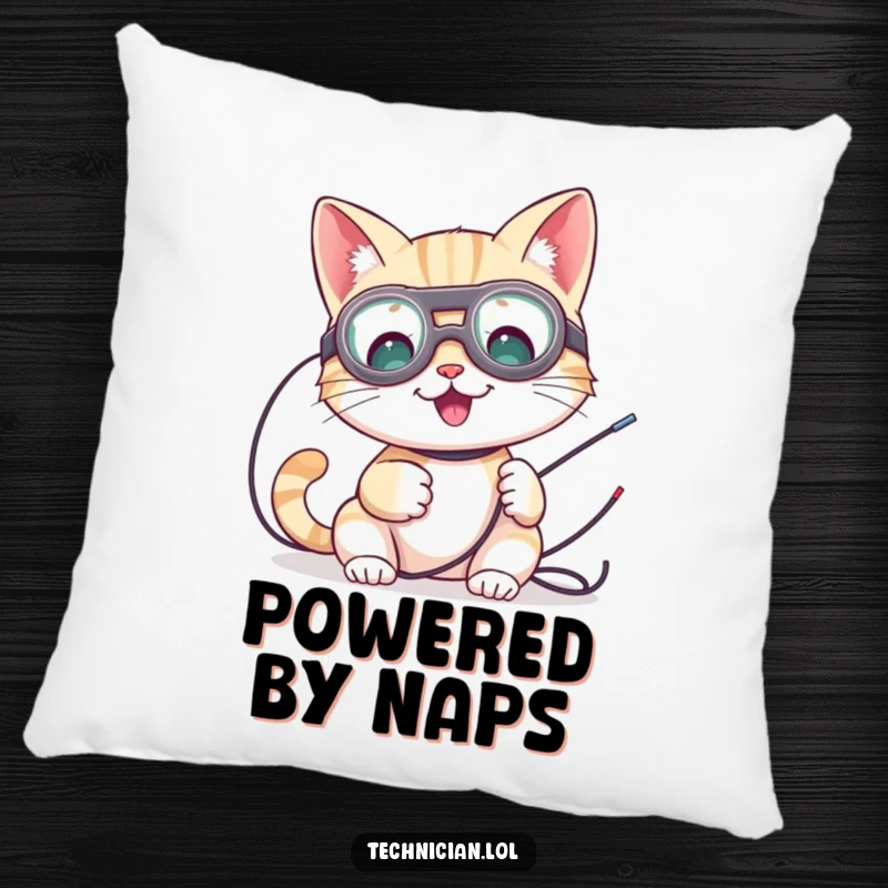 Funny pillow featuring a cute cat wearing goggles, tinkering with wires, perfect for adding humor to any room.