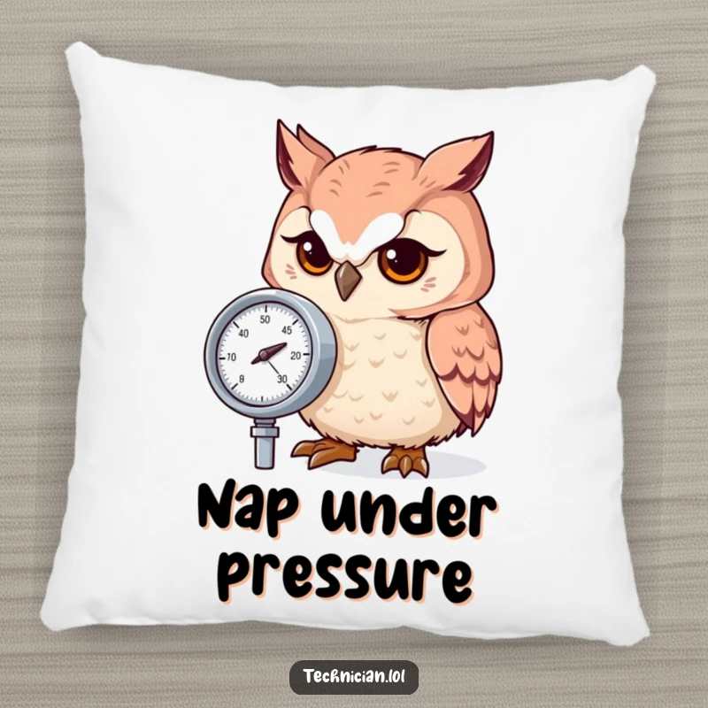 Funny owl with a concentrated expression, checking a pressure gauge, designed on a plush pillow.