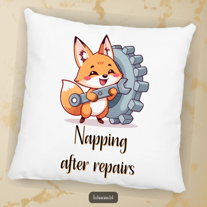 Funny pillow depicting a cute fox with a wrench tightening a giant bolt, adding a humorous and comfortable DIY accent.
