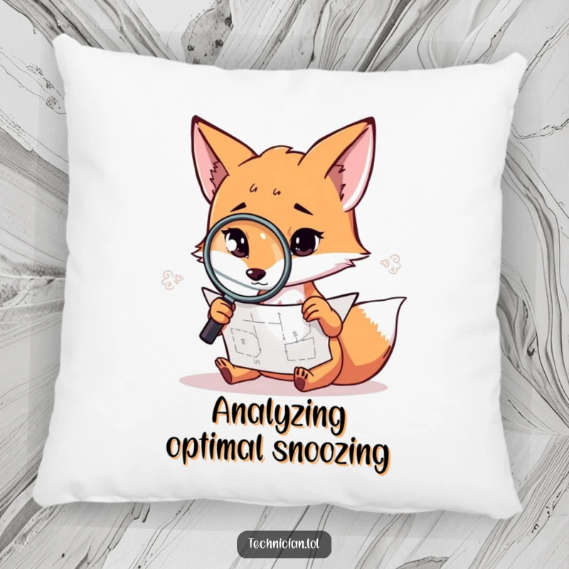 Funny fox pillow, a cunning fox with a magnifying glass studying a complex diagram, making it a charming decor piece.