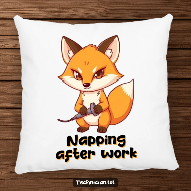 Funny pillow depicting a determined fox holding a soldering iron, offering comfort with a touch of focused, crafty spirit.