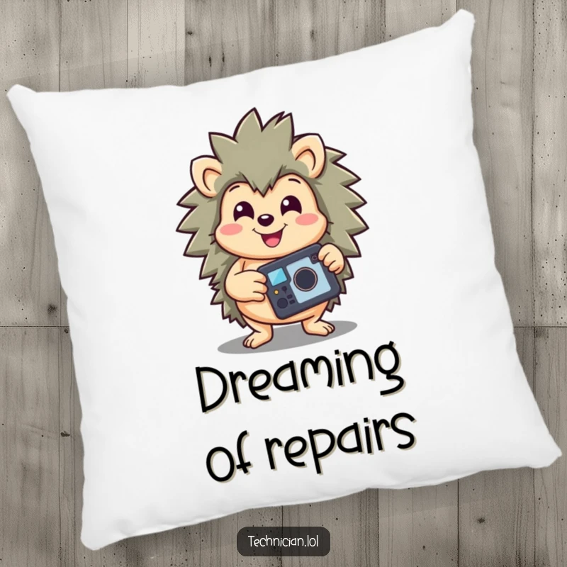 Funny pillow with a happy hedgehog holding a repaired gadget, smiling triumphantly, bringing cheerful and soft humor to any space.