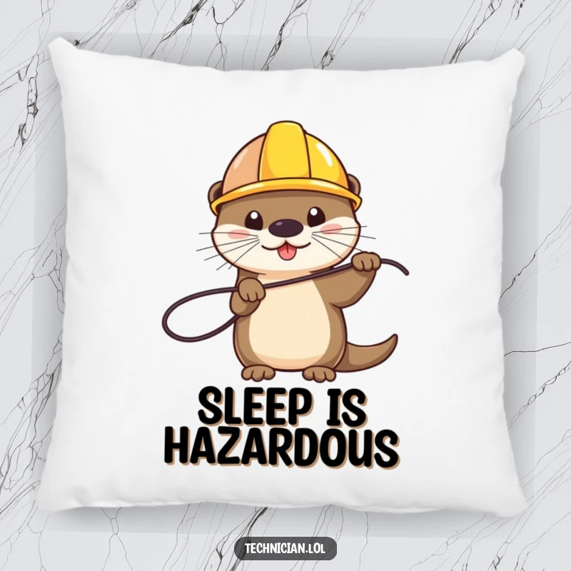 Funny pillow with a playful otter wearing a hard hat and holding a wire, providing comfort and DIY humor, a great funny gift.