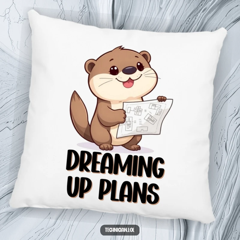 Funny Otter Pillow featuring a giggling otter with a curious look, pointing at a blueprint, designed for comfort and creative inspiration.