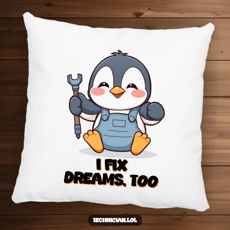Soft decorative pillow with a funny penguin mechanic character tightening a bolt, suitable for sofas and beds.