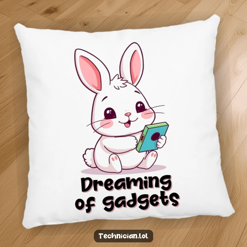 Funny pillow with a cheery rabbit holding a colorful gadget, curious face, bringing cozy humor and playful discovery to any space.