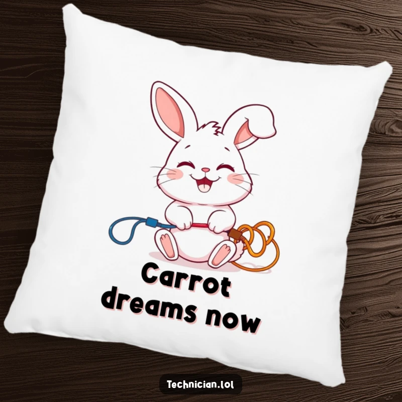Funny pillow featuring a giggling rabbit connecting colorful wires with a smile, perfect for cozy, cheerful vibes.
