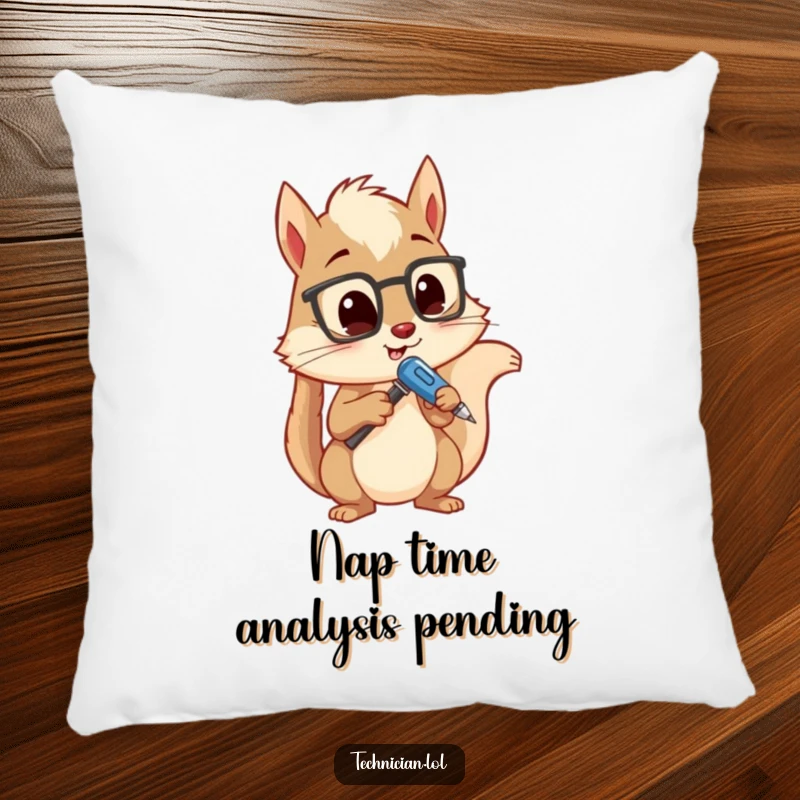 Funny pillow with a curious squirrel holding a screwdriver, analyzing a device, bringing cozy humor and personality to any living space.