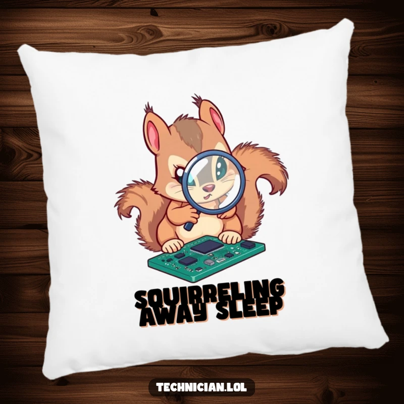 Funny pillow featuring a determined squirrel analyzing a circuit board with a magnifying glass, perfect for cozy contemplation.