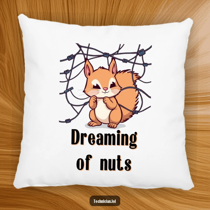 Funny pillow, curious squirrel examining wires, tech comfort, woodland creature decor.