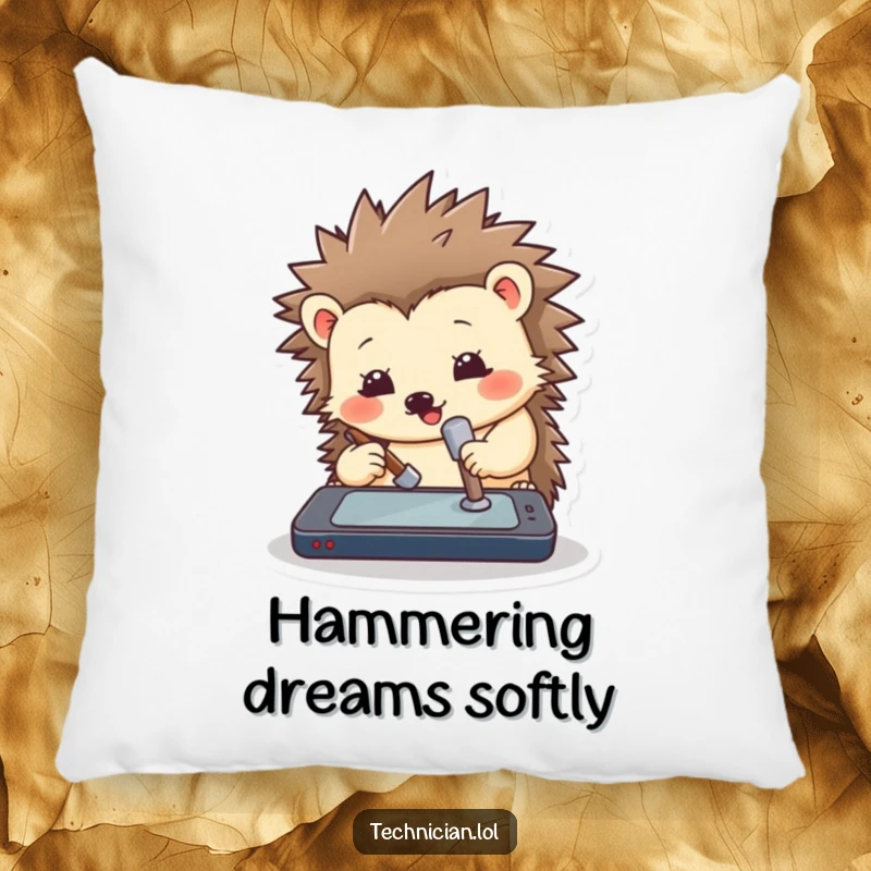 Funny hedgehog pillow showing a cute hedgehog enthusiastically tapping a computer screen with a tiny hammer, conveying tech frustration humorously.