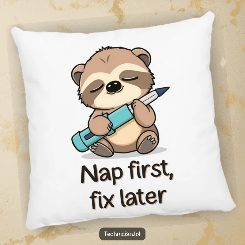 Funny Sloth Pillow: A sleepy sloth holds a screwdriver backwards, offering comfort and a touch of charming, laid-back humor.