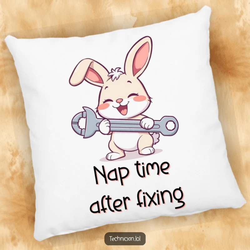 Funny bunny mechanic pillow, featuring a happy rabbit with a tool, soft and decorative, adding humor to home decor.