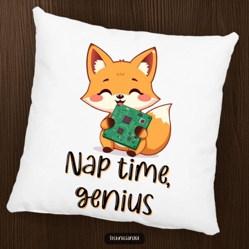 Funny pillow, cheerful fox holding a shiny repaired circuit board, soft tech decor, humorous cushion.