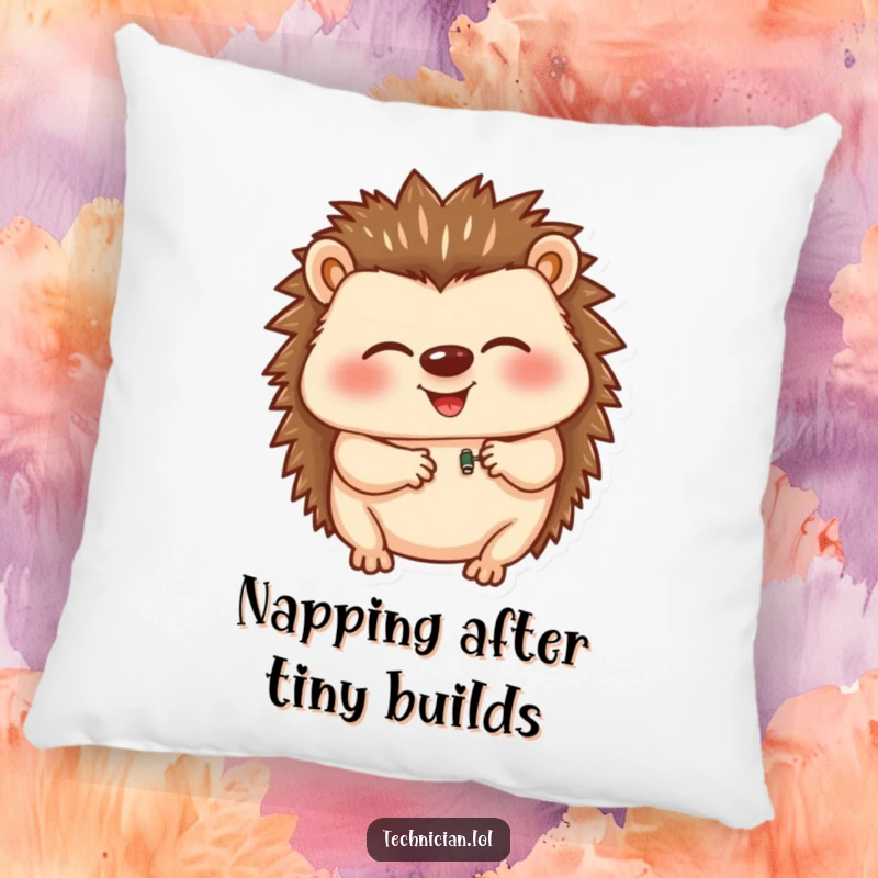 Funny pillow showcasing a giggling hedgehog meticulously inserting a tiny component, offering comfort and a humorous, joyful visual for relaxation.