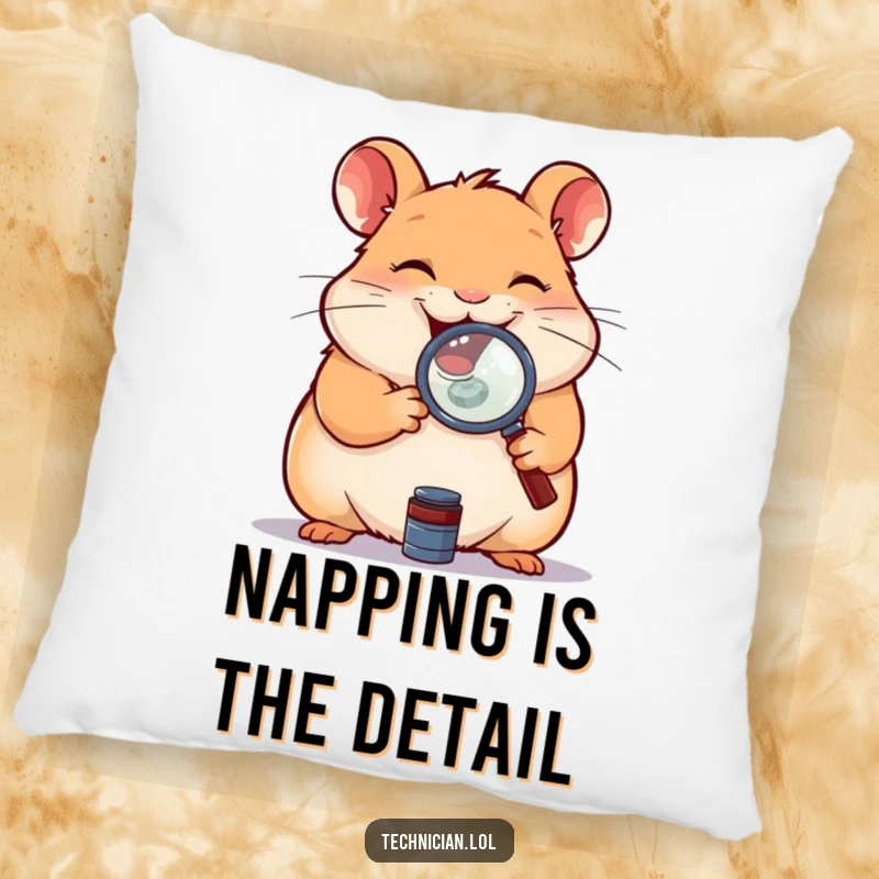 Funny pillow featuring a giggling hamster holding a magnifying glass over a small component, offering comfort and a touch of curiosity.