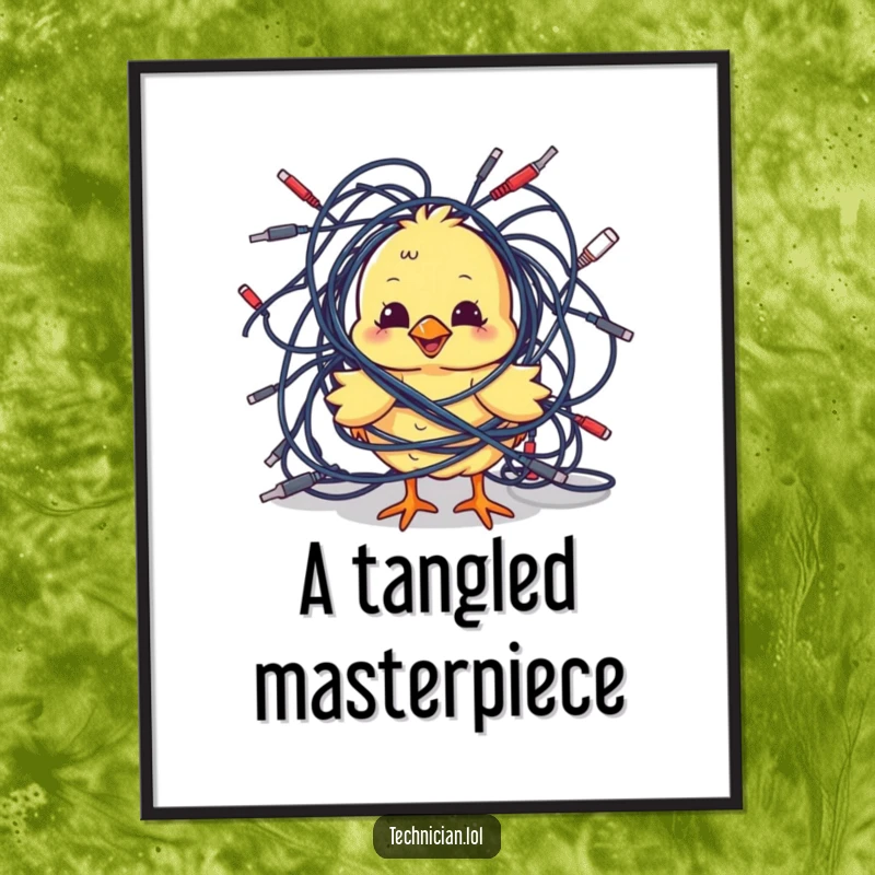 Funny Digital Art Prints: A playful chick comically tangled in cables creates a humorous and adorable piece of art for tech enthusiasts.