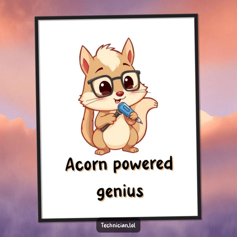 Funny digital art print of a curious squirrel holding a screwdriver, intently analyzing a device, perfect for downloadable humorous decor.