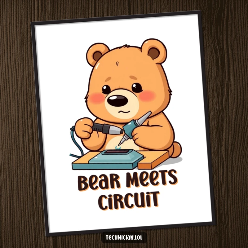 Funny Bear Digital Art Print of a proud bear intensely concentrating on soldering, designed to bring maker spirit to your walls.
