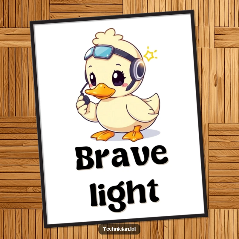 Funny brave duck wearing a headset, focused on fixing a blinking light, as a downloadable digital art print.