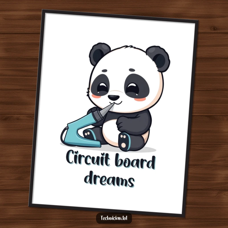 Funny digital art print of an enthusiastic panda using a soldering iron with great focus, perfect for downloadable humorous decor.
