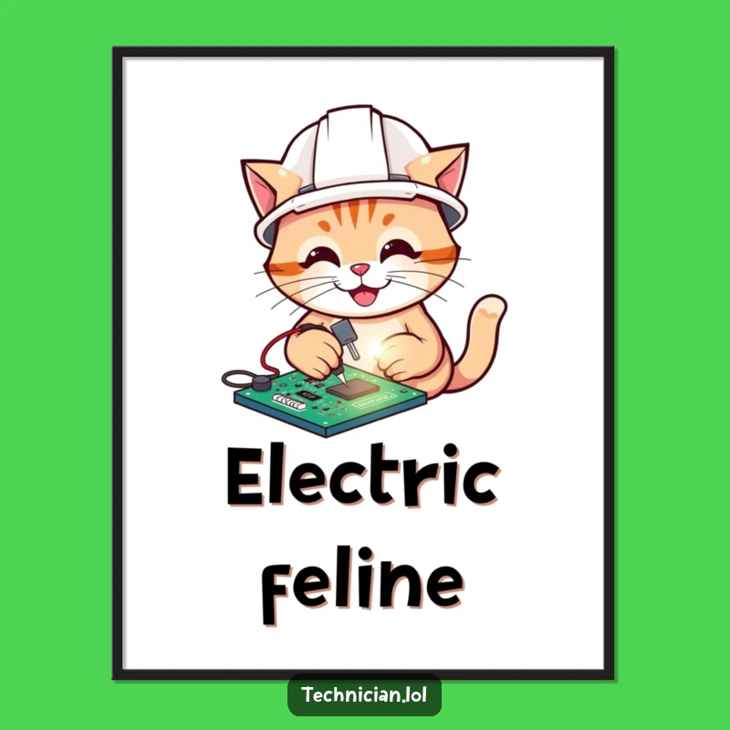 Funny Cat Electrician Art Print, Tech Cartoon Decor, Clever Funny Gift