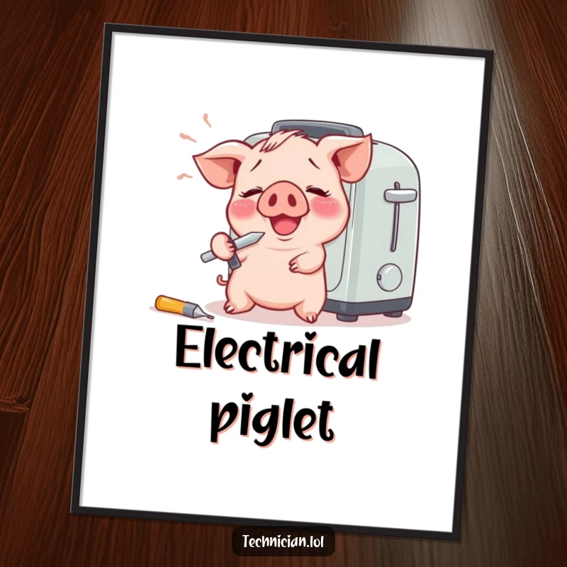Funny digital art print of a giggling piglet with a screwdriver comically fixing a toaster, perfect for humorous decor.