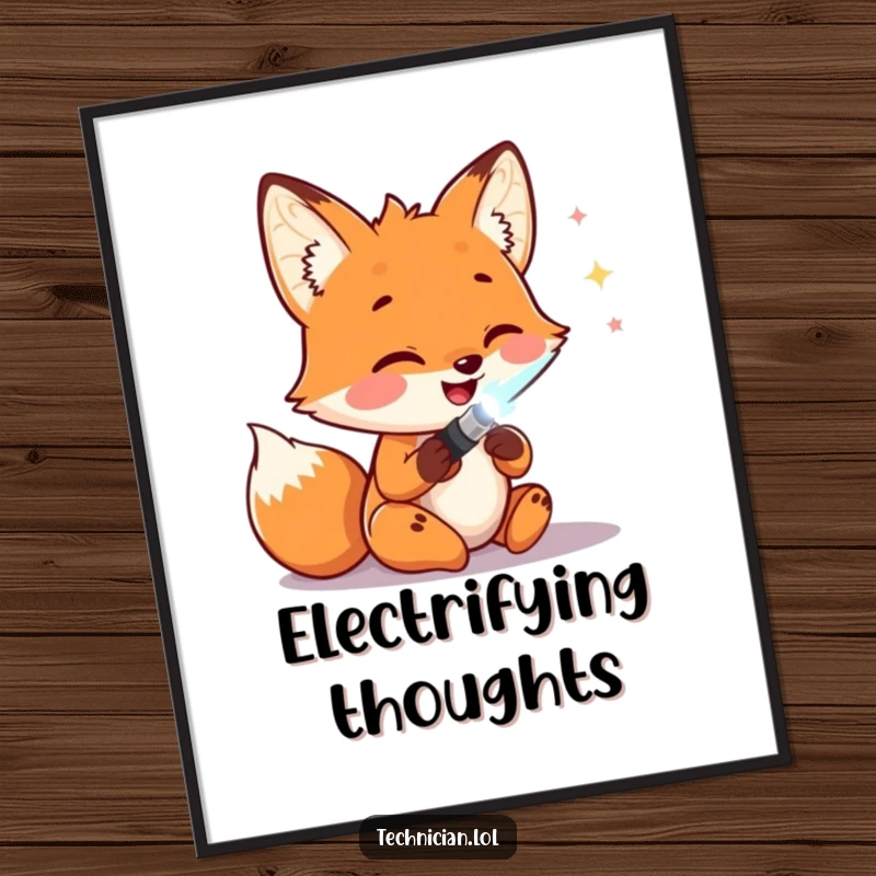 Funny Digital Art Prints: A happy fox excitedly solders wires with a glowing tool, creating a vibrant, humorous piece of art for tech enthusiasts.