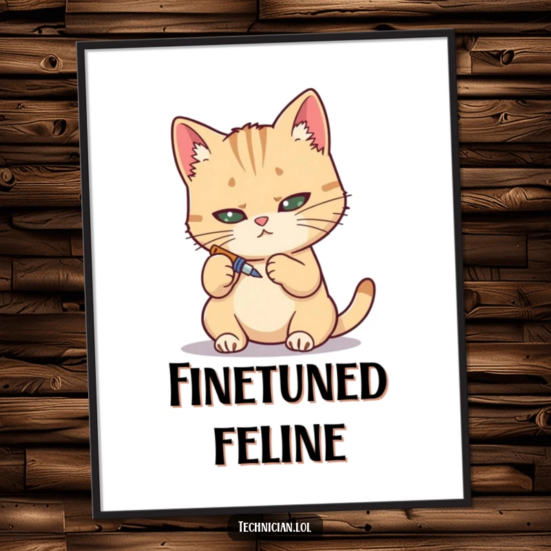 Funny digital art print, determined cat with tiny screwdriver, precise repair work, cat lover decor.