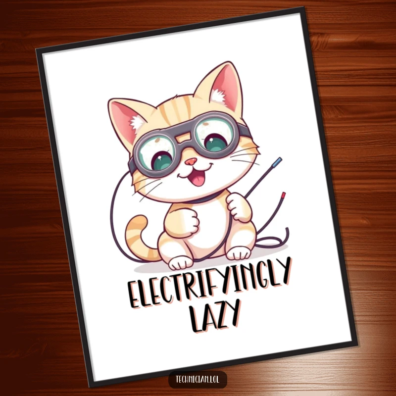 Funny digital art print of a cute cat with goggles, tinkering with wires, ready for instant download.