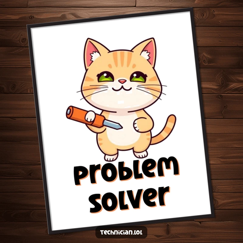 Funny digital art print of a smiling, determined cat holding a screwdriver, providing instant humor and a great funny gift.