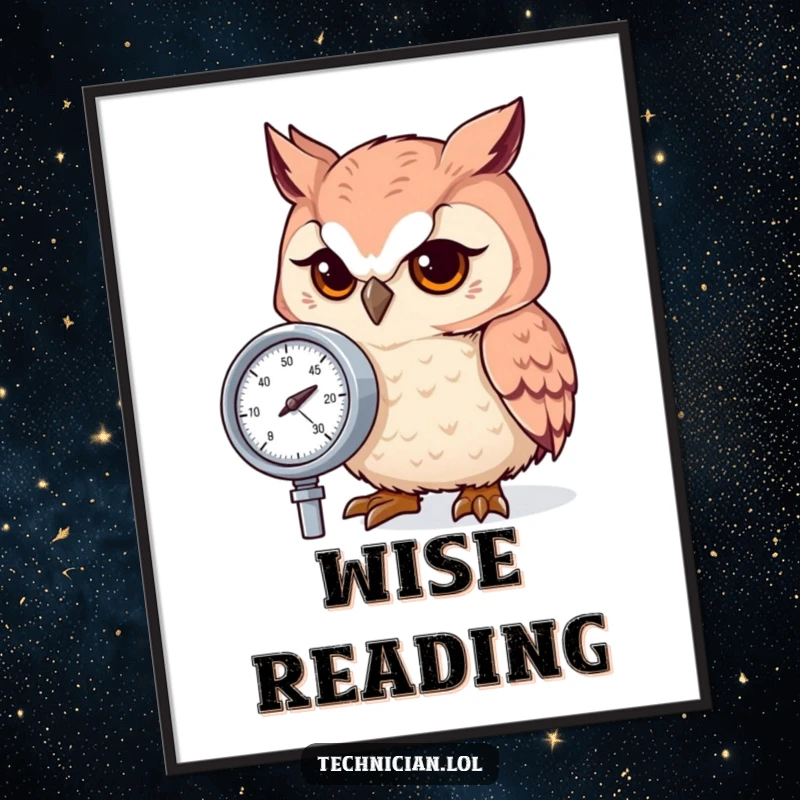 Funny owl with an intensely focused gaze on a pressure gauge, as a downloadable digital art print.