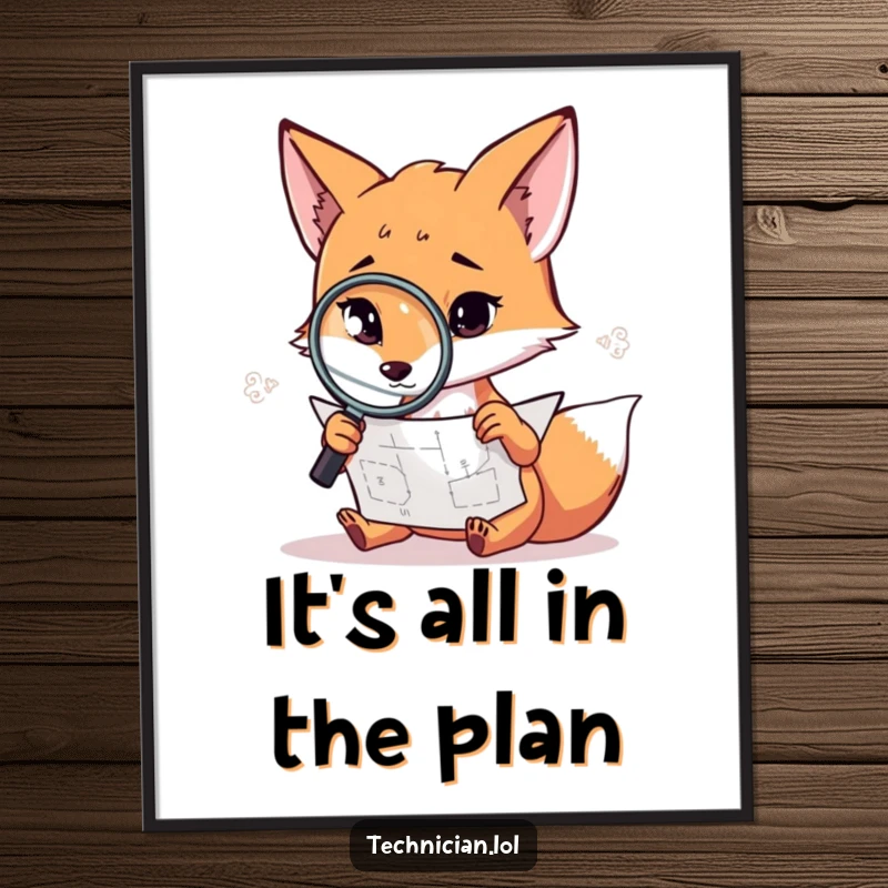 Funny fox digital art print, a determined fox uses a magnifying glass on a complex diagram, symbolizing keen observation.