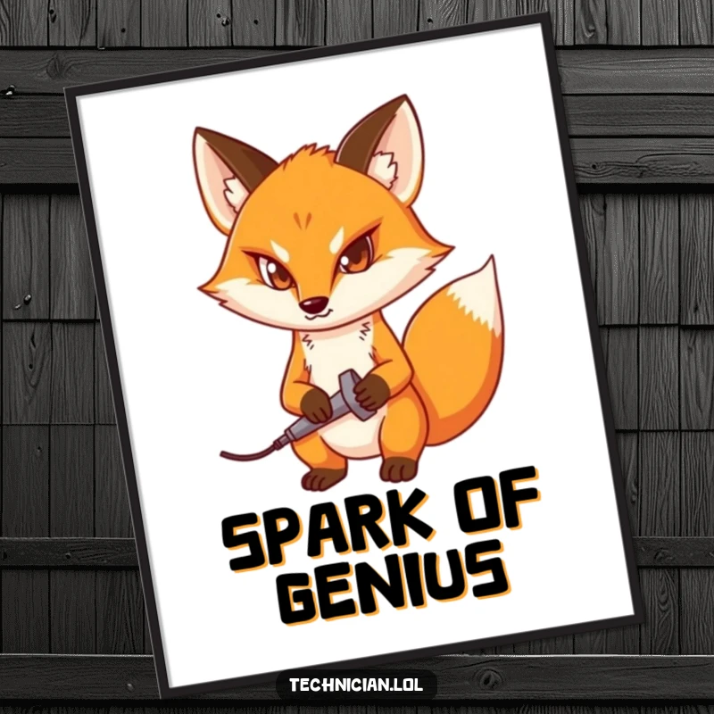 Funny digital art print of a determined fox with a soldering iron, symbolizing focus and creativity for instant decor.
