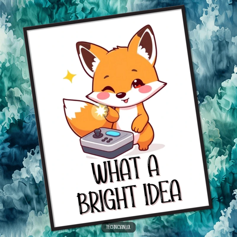 Funny digital art print of a playful fox pointing at a flashing light on a console, ready for download.