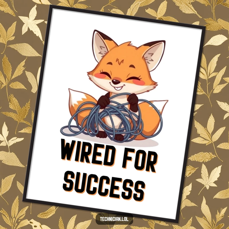 Funny determined fox grinning while fixing tangled wires, digital art print, instant download, perfect funny gift.