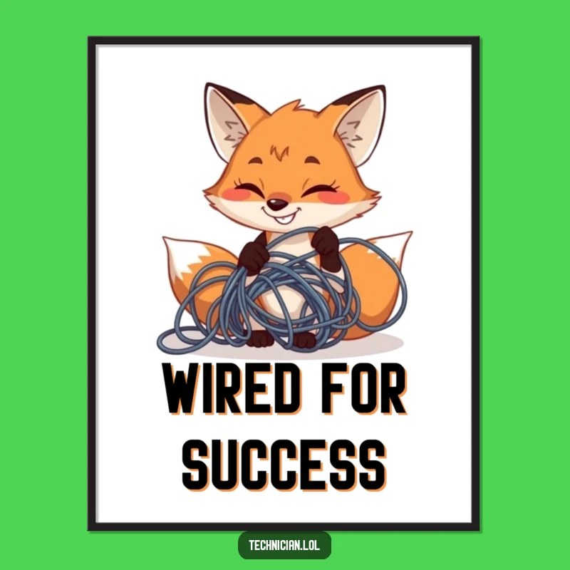 Funny Fox Wire Fixer Digital Art: Instant Tech Decor, Determined Grinning Print Gift