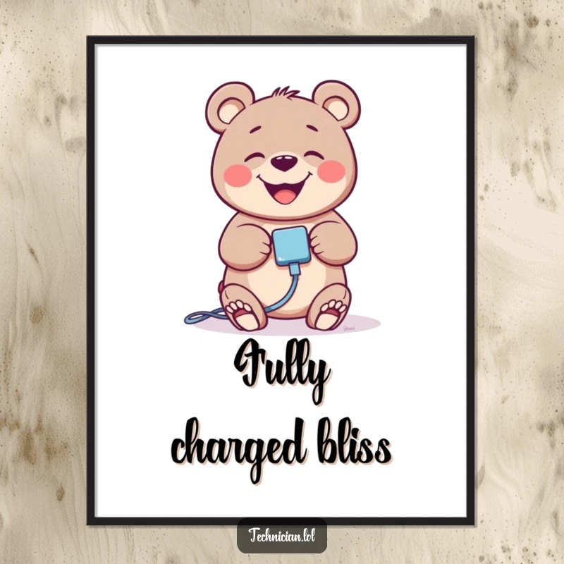 High-resolution digital art print of a funny giggling bear plugging in a cable, ready for instant download.